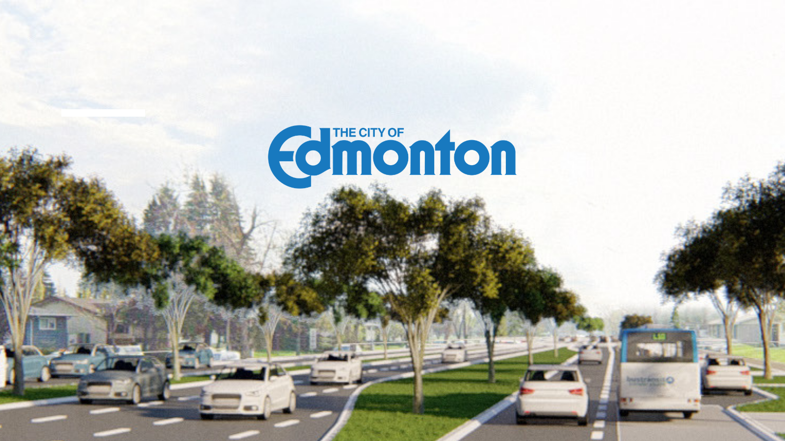Concept image of the 95 Avenue Renewal Project showing traffic lanes, trees, sidewalks, and an ETS bus, with the City of Edmonton logo.